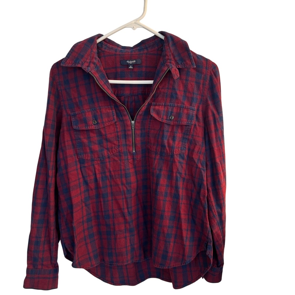 Madewell‎ Shirt Women's M Red/Blue Plaid 1/2 Zip McKinney Flannel Long Sleeve